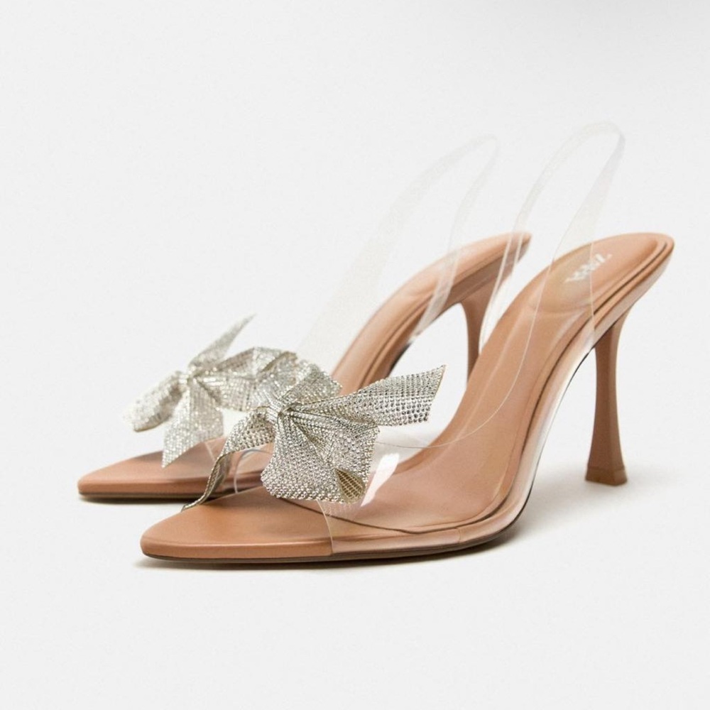 Zara Clear Vinyl Pointed Open Toe Embellished Crystalized Bow Trim Sandal Heels